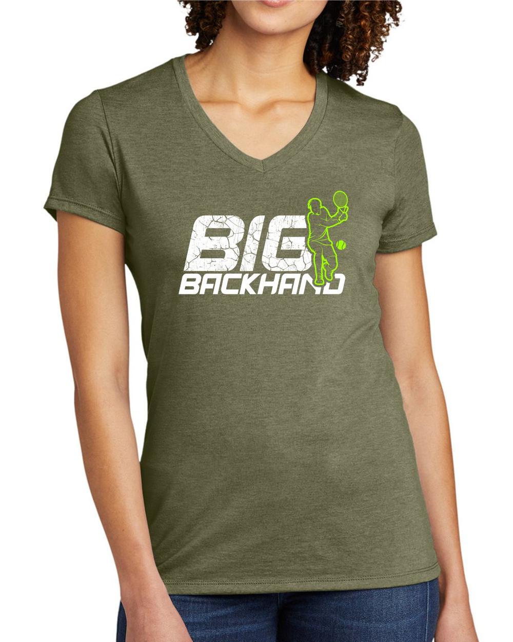 BMT Women's Tri-Blend V-Neck Big Backhand Tennis LifeStyle T-Shirt, color: Olive You Green