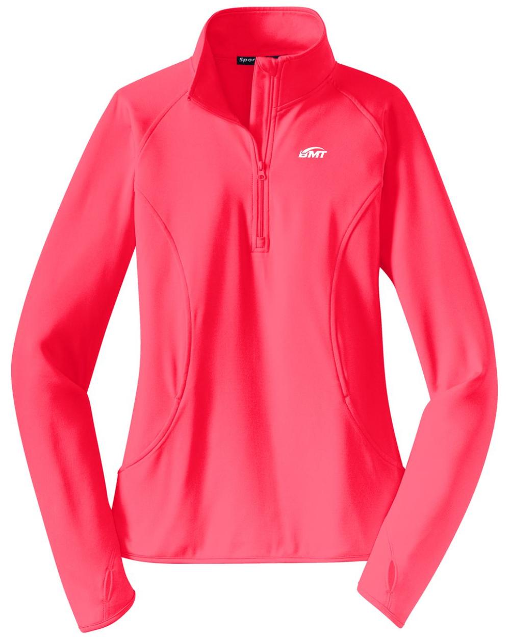 BMT Women's Sport-Wick Stretch 1/2-Zip Tennis Pullover, color: Hot Coral