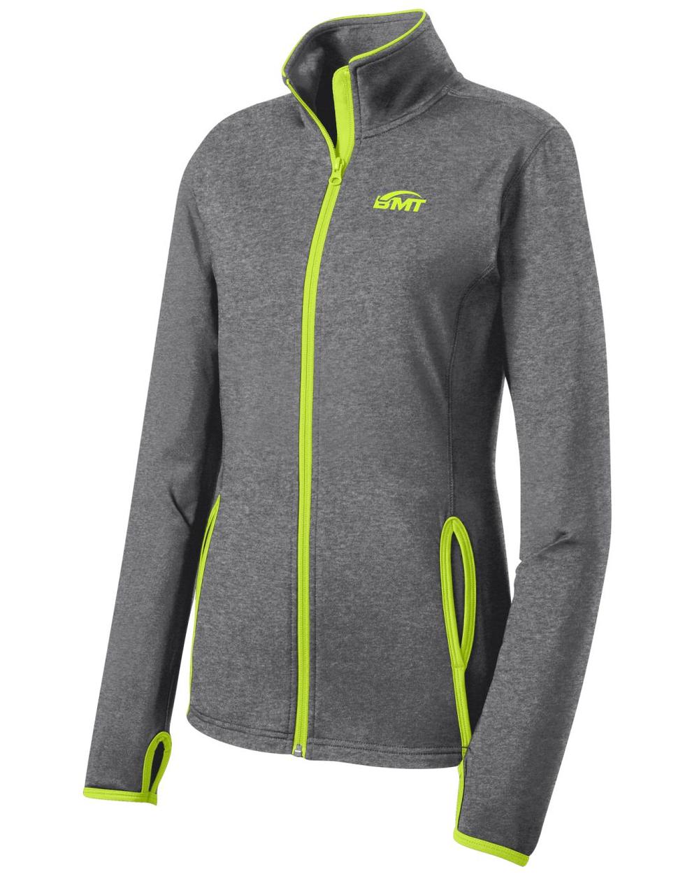 BMT Women's Sport-Wick Stretch Contrast Tennis Jacket, color: Charcoal Grey Heather/Charge Green