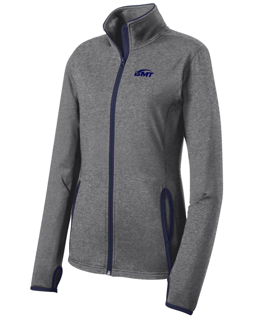 BMT Women's Sport-Wick Stretch Contrast Tennis Jacket, color: Charcoal Grey Heather/True Navy