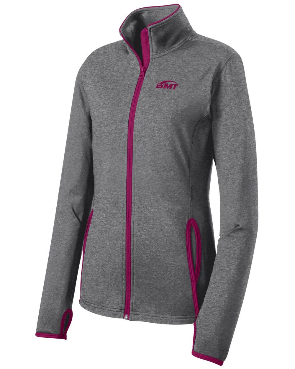 BMT Women's Sport-Wick Stretch Contrast Tennis Jacket, color: Charcoal Grey Heather/Pink Rush