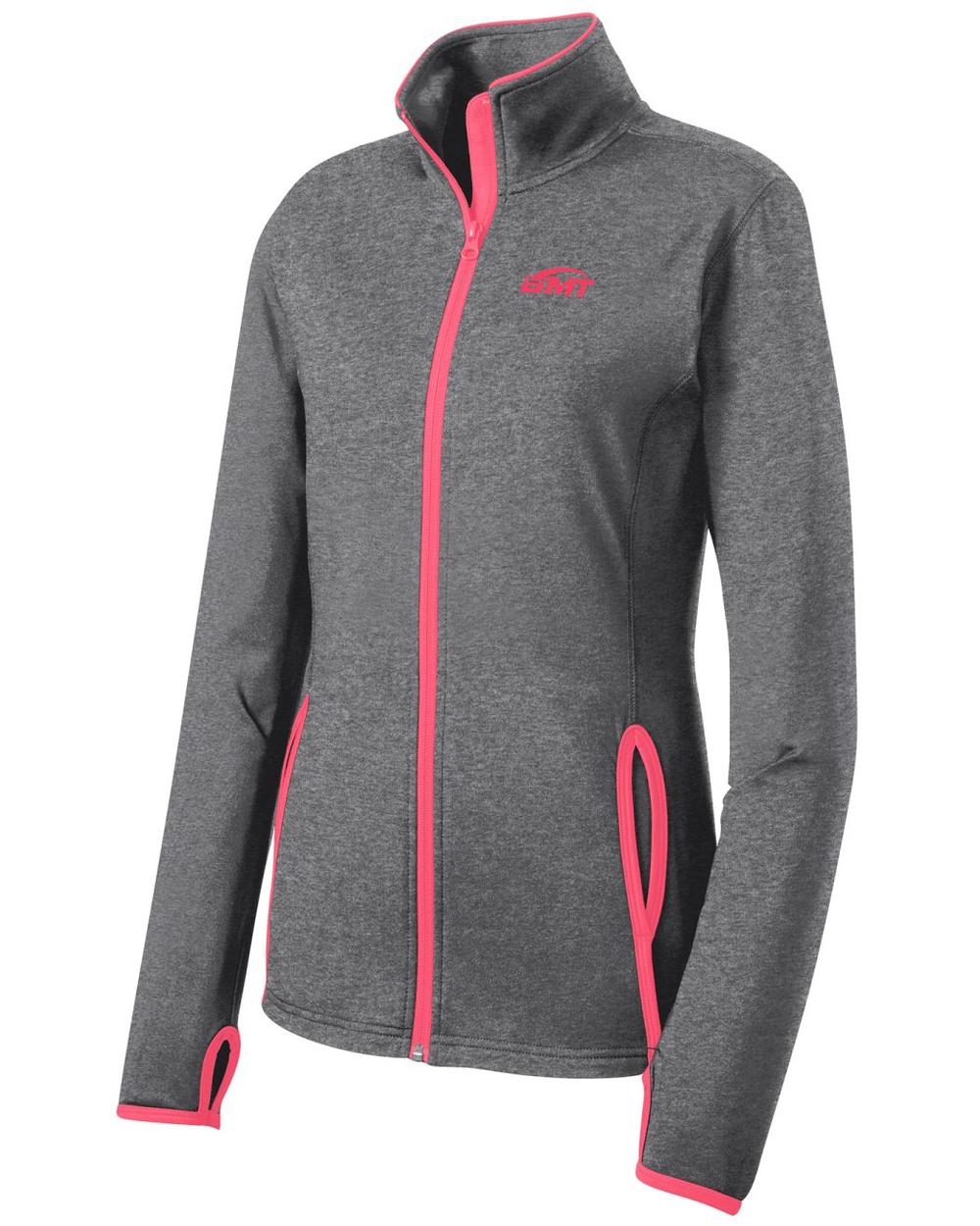 BMT Women's Sport-Wick Stretch Contrast Tennis Jacket, color: Charcoal Grey Heather/Hot Coral