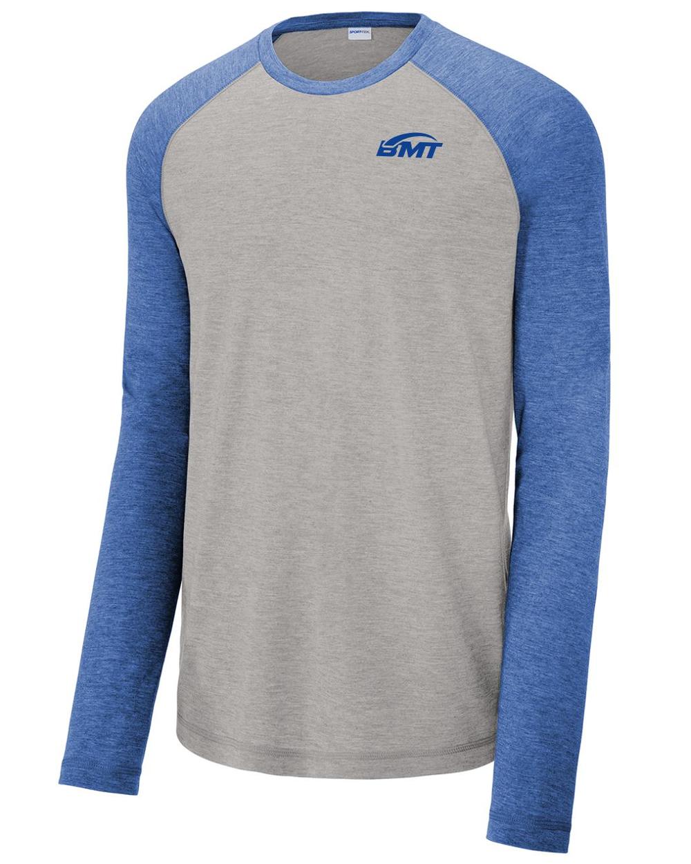 BMT Men's TriBlend Wicking L/S Tennis T-Shirt, color: True Royal Heather/Light Grey Heather